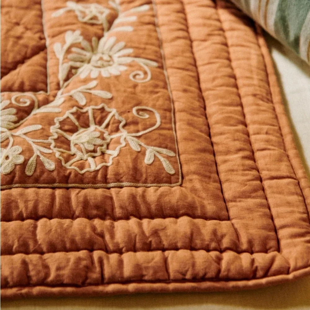 Sézane Embroidered Quilt - Terracotta - Ecru Embroidered Flowers NWT